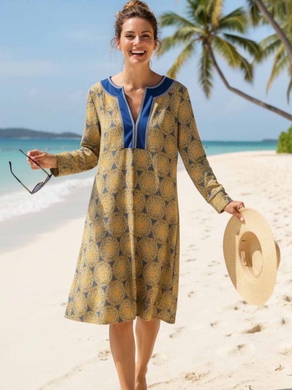 Cabana Life | Women's Long Sleeve Printed Tunic Dress in Yellow & Blue | L